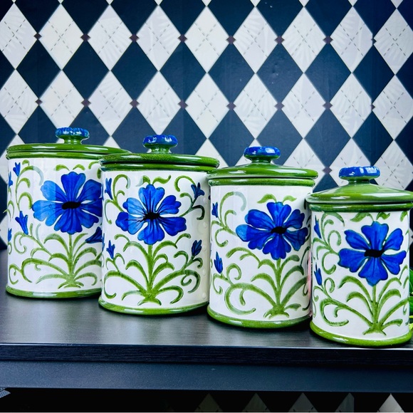 Metlox Poppytrail Blue Floral Canister Set, Green Lids, 4pc Vintage Very Large - Picture 14 of 17